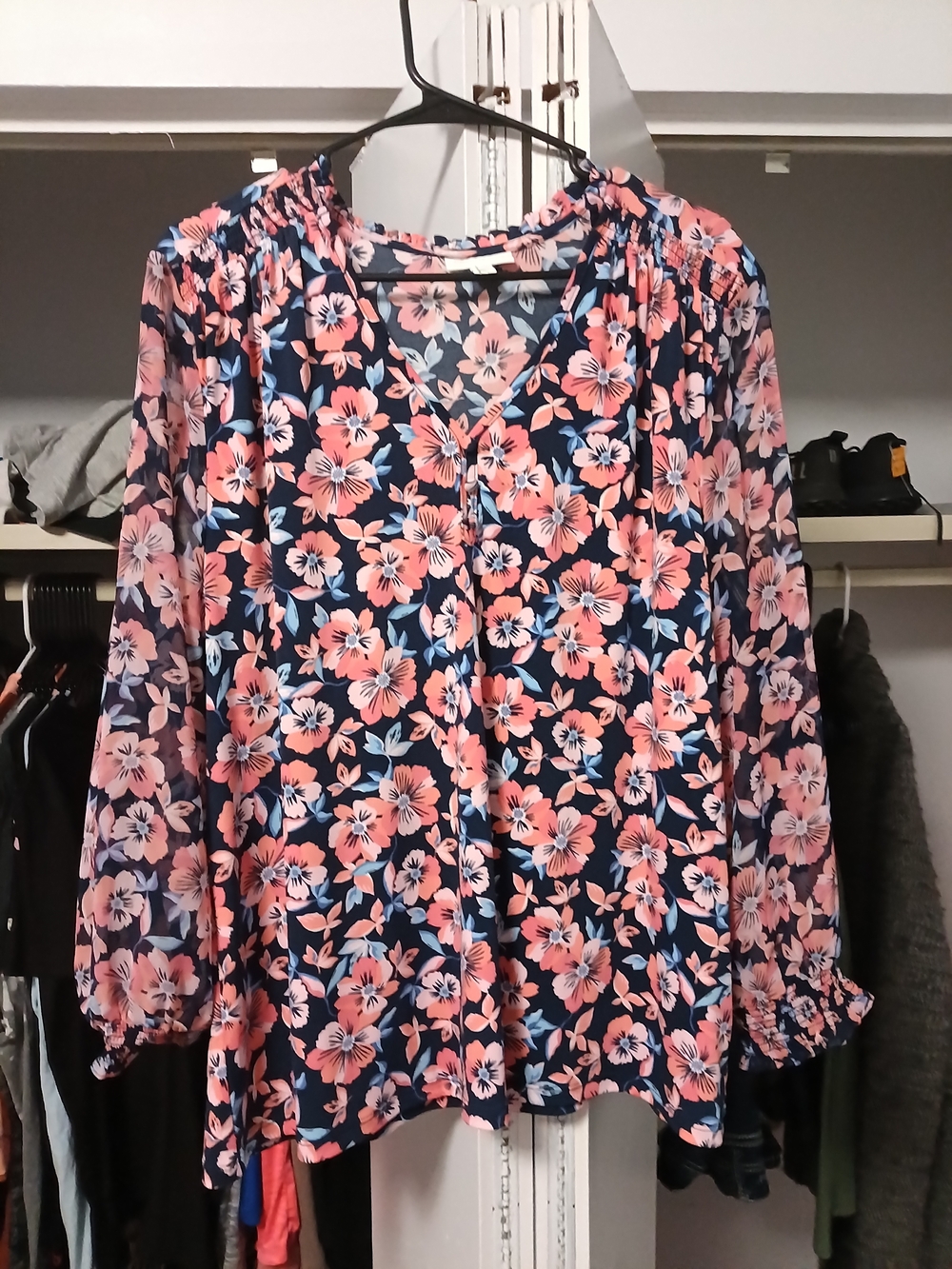 Navy Long-Sleeve Floral Blouse - Pink Floral Print